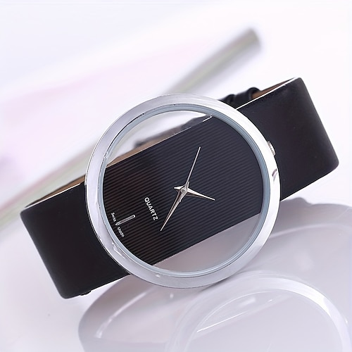 Runde Zeiger Quarz Uhr Minimalistisches klares Zifferblatt Neuartige Armbanduhr mit Lederarmband Geschenk für Frauen Männer