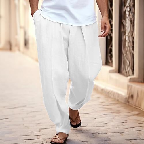Herren Hose Hosen Sommerhosen Karottenhose mit schmal zulaufendem Schnitt Strandhose Vordertasche Falten Glatt Komfort Atmungsaktiv Casual Täglich Festtage Modisch Basic Schwarz Weiß