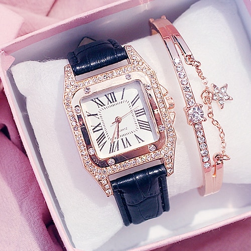 quarzuhren für damen damen analog diamant uhr sternen quadrat zifferblatt armband set damen lederband armbanduhr weiblich uhr Image