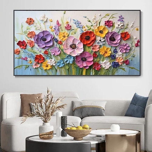 Handgefertigtes Ölgemälde auf Leinwand, Wandkunst, Dekoration, 3D-Palettenmesser, bunte Blumen für die Inneneinrichtung, gerolltes, rahmenloses, ungedehntes Gemälde Image