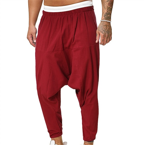 Herren Hose Hosen Schlabberhose Strandhose Haremshose Elastische Taille Drop Schritt Feste Farbe Komfort Atmungsaktiv Knöchellänge Casual Täglich Strassenmode Klassisch Boho Graues Grün Schwarz Image