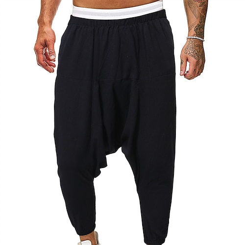 Herren Hose Hosen Schlabberhose Strandhose Haremshose Elastische Taille Drop Schritt Feste Farbe Komfort Atmungsaktiv Knöchellänge Casual Täglich Strassenmode Klassisch Boho Graues Grün Schwarz Image