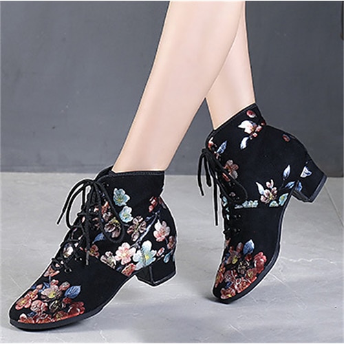 schwarze Tanzschuhe mit Blumenmuster und Schnürung für Damen – bequemer niedriger Absatz, perfekt für lateinamerikanischen Tanz, Gesellschaftstänze und Standardtänze Image