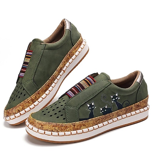Damen-Sneaker zum Hineinschlüpfen mit grünem Katzen-Print – atmungsaktive Halbschuhe mit elastischem Einsatz zum Gehen, Reisen und für den Alltag Image
