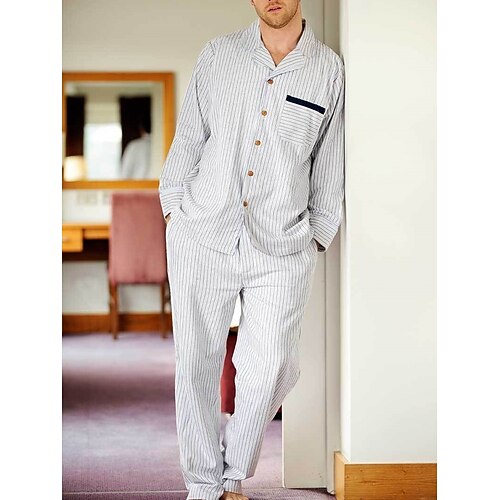 Herren Hausanzug Schlafanzüge Schlafanzug Set Pyjama-Oberteil und Hose 2 Stück Plaid Streifen Stilvoll Brautkleider schlicht Komfort Heim Täglich Baumwolle Komfort Kargen Langarm Hemd Hose Kordelzug Image