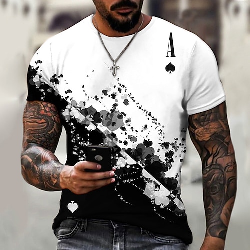 Herren Grafik Karo Poker Hemd T Shirt T-Shirt Verwaschenes T-Shirt Kurzarm T-Shirt 3D-Druck Rundhalsausschnitt Hemd Designer Basic Schmale Passform Lässig Täglich Wochenende Blau Schwarz / Weiß Rot Image