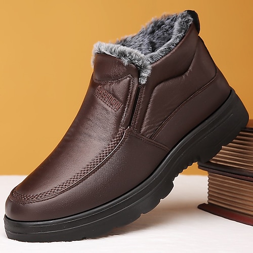 Warme Winterstiefeletten aus Kunstleder mit Kunstfellfutter für Herren – Schlupfdesign mit rutschfester Sohle für kaltes Wetter Image