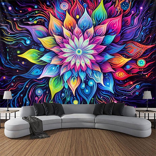 Schwarzlicht Wandteppich UV reaktiv im Dunkeln leuchtend Party Neon Mandala Boho Trippy Misty Hängeteppich Wandbild Wandbild für Wohnzimmer Schlafzimmer Image