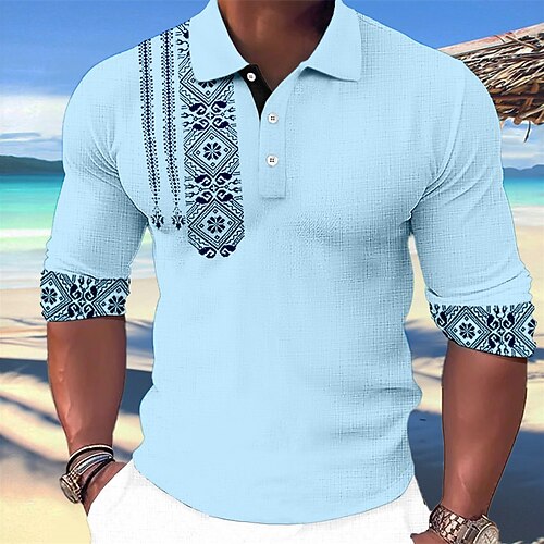 Herren Stammes Hawaiianische Polohemden Golfshirt Langarm Polo-Shirts Hemden mit Kragen Vintage Lässig Strandbekleidung Urlaubskleidung Tropenkleidung Party-Outfits 3D-Druck Knöpfe Blau-Grün Weiß Blau Image