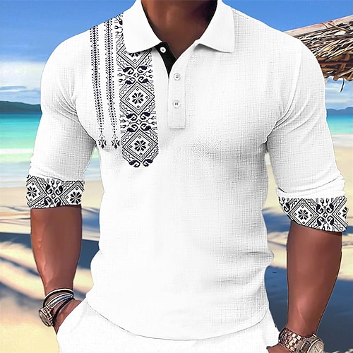 Herren Stammes Hawaiianische Polohemden Golfshirt Langarm Polo-Shirts Hemden mit Kragen Vintage Lässig Strandbekleidung Urlaubskleidung Tropenkleidung Party-Outfits 3D-Druck Knöpfe Blau-Grün Weiß Blau Image