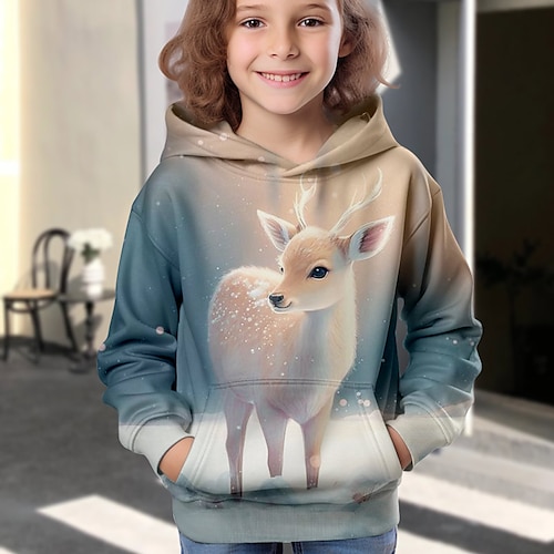 Mädchen 3D Tier Karikatur Hirsch Weihnachts-Kapuzenshirt Kapuzenshirt Pullover Langarm 3D-Druck Herbst Winter Aktiv Modisch Kuschelig kinderkleidung 3-12 Jahre Outdoor Casual Täglich Regular Fit Image