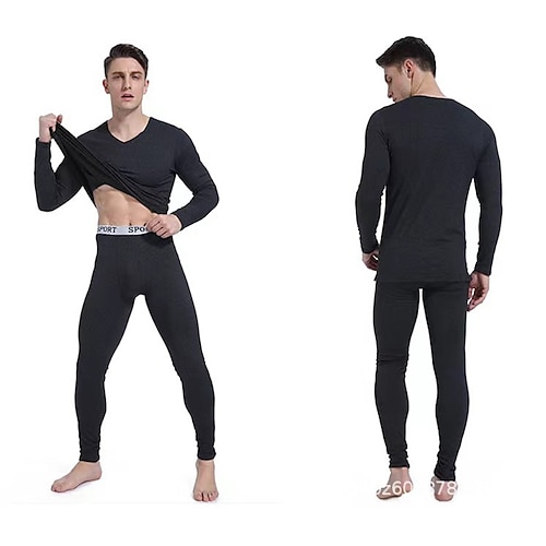 Herren Zwei Nummern größer bestellen Thermounterwäsche Schlafanzüge Thermounterwäsche Set 1 Set Einfarbig Stilvoll Brautkleider schlicht Komfort Heim Täglich Polyester Komfort Warm V Ausschnitt Image