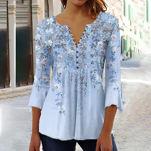 Damen T-Shirt Basic Floral Knöpfe Druck 3/4 Länge Ärmel Reguläre Oberteile Rundhals Feiertag Gelb Blau Image