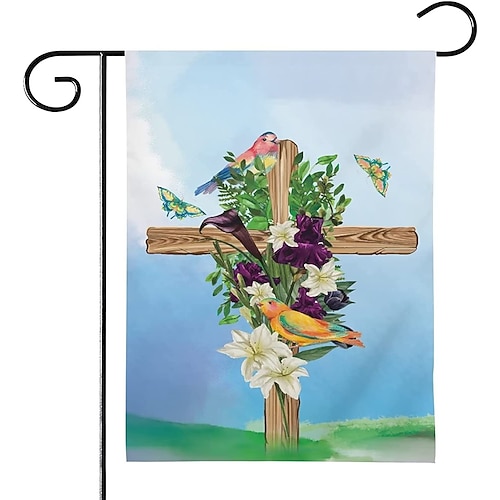 Jesus Gartenfahne 12x18 Zoll Außen Dekorationen Er ist auferstanden Willkommen Garten Terrasse Fahne Blumen Gartenfahne Doppelseitige Feiertags Außenfahnen 1 Stück