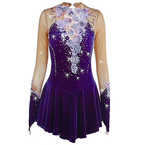 Eiskunstlaufkleid Damen Mädchen Eislaufen Kleider Austattungen Yan-pink Amethyst Violett Blume Elasthan Hochelastisch Wettbewerb Eiskunstlaufkleidung warm halten Handgemacht Mit Steinen verziert Image