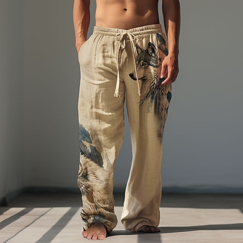 Herren Tiermotiv Wolf Leinenhosen Hosen Hose Baggy-Hosen Mittlere Taille Vintage Outdoor Alltagskleidung Streetwear Herbst Winter Grün Khaki Grau Image