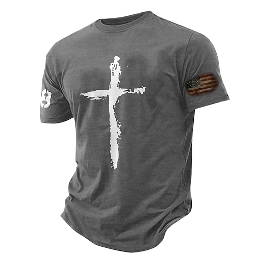 Männer Patriotisches Glaubens T-Shirt mit verwittertem Kreuz amerikanischer Flagge Grafik Kurzarm Marineblau Image