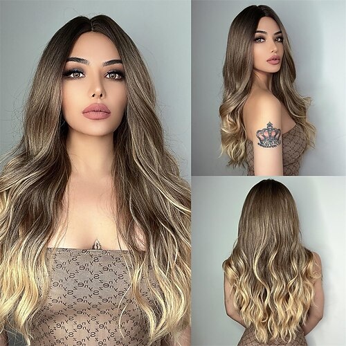 Lange Ombre-Blond-Braun-Wellenperücken für Frauen, natürliche synthetische lockige Perücke, hitzebeständige Faserperücken für das tägliche Cosplay Image