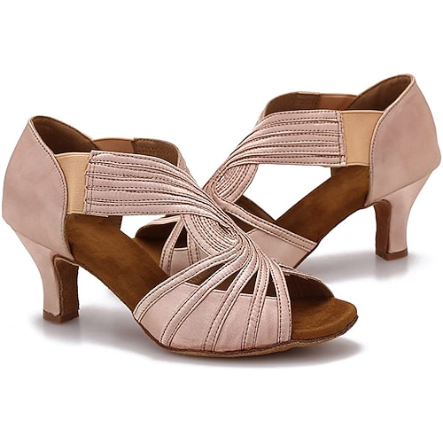 Damen-Latein-Tanzschuhe mit Riemchen in Hellbraun – Peep-Toe-Sandalen mit hohem Absatz und elastischen Riemen für Salsa, Tango und Auftritte Image