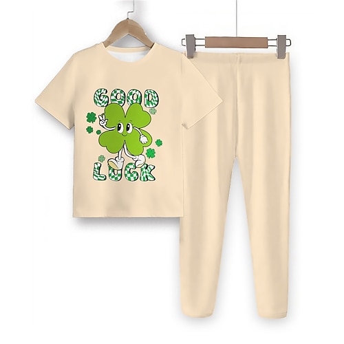 St. Patrick Mädchen 3D Vierblättriges Kleeblatt Pyjama-Sets mit T-Shirt und Hose Kurzarm 3D-Druck Sommer Frühling Herbst Aktiv Modisch Kuschelig Polyester kinderkleidung 4 Jahre Rundhalsausschnitt Image