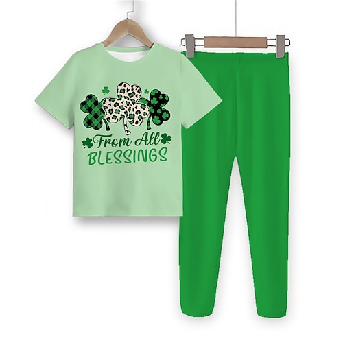 St. Patrick Mädchen 3D Vierblättriges Kleeblatt Pyjama-Sets mit T-Shirt und Hose Kurzarm 3D-Druck Sommer Frühling Herbst Aktiv Modisch Kuschelig Polyester kinderkleidung 4 Jahre Rundhalsausschnitt Image