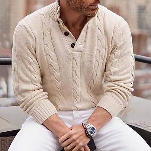 Herren Pullover Gerippt Zopfmuster Stricken Cropped Taste Feste Farbe Henley-Kragen Moderne zeitgenössische Casual Bekleidung Winter Blau Khaki M L XL