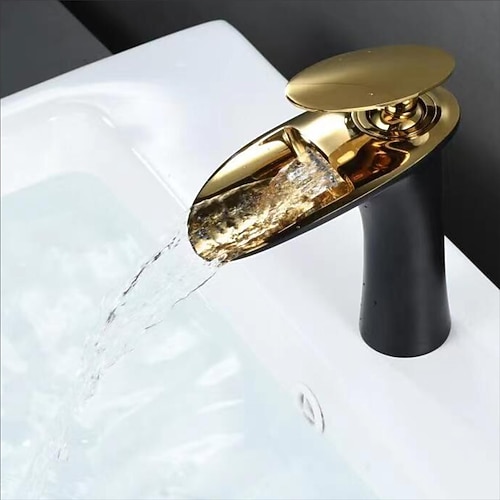 Wasserfall-Waschbecken-Mischbatterie, Mono-Waschbecken Einhand-Waschtischarmaturen mit heißem und kaltem Schlauch Monoblock-Gefäß Wasserhahn aus Messing an Deck montiert Image