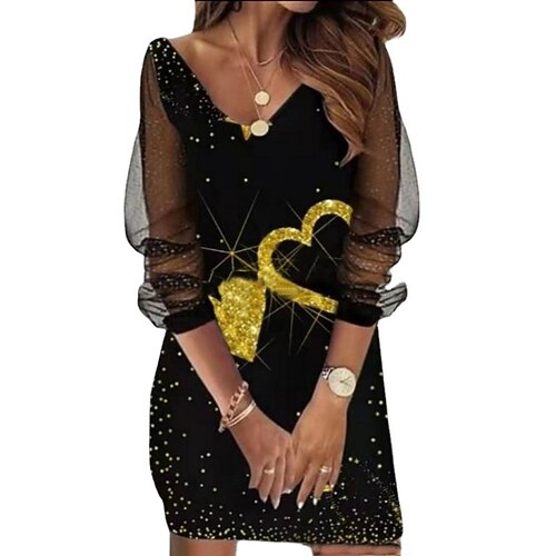 Damen Minikleid Freizeitkleid Shiftkleid Blumenkleid Elegant Mesh-Ärmel Täglich Ausgehen Wochenende Lässiger Schnitt Tiermotiv Tupfen Langarm V Ausschnitt Sommer Frühling Image