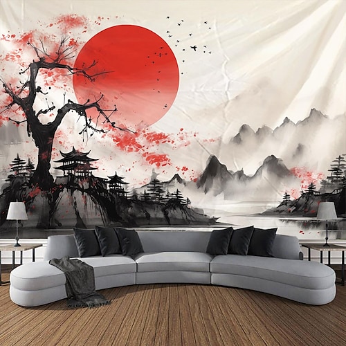 Aquarell-Landschafts-Hängeteppich, chinesischer Stil, Wandkunst, großer Wandteppich, Wanddekoration, Fotografie, Hintergrund, Decke, Vorhang, Zuhause, Schlafzimmer, Wohnzimmer, Dekoration Image