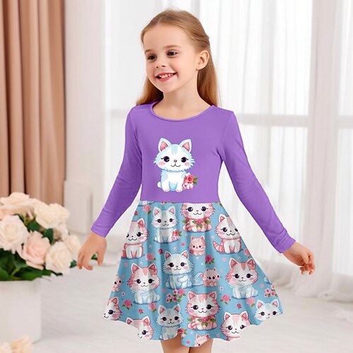 Mädchen' 3D Graphic Karikatur Katze Kleid Langarm 3D-Druck Sommer Frühling Herbst Urlaub Sport Natur Täglich Kuschelig Brautkleider schlicht Schön kinderkleidung 3-12 Jahre Casual kleid A Linie Image