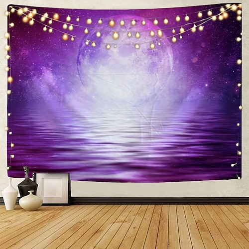 mond meer himmel wandteppich kunst dekor decke vorhang picknick tischdecke hängen haus schlafzimmer wohnzimmer wohnheim dekoration landschaft volle nacht ozean wolke stern Wandtuch XXL Natur Image