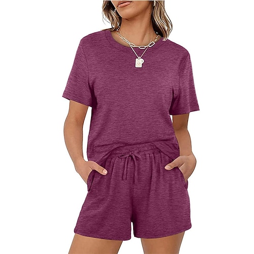 2-teiliges Loungewear-Nachthemd-Set für Damen, reine Farbe, schlicht, bequem, Home Street, Baumwolle, Rundhalsausschnitt, kurzärmliges T-Shirt, Tee, Shorts, Sommer-Frühlings-Home-Outfits Image