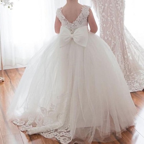 Blumenmädchenkleid Mädchen Kleid für die Erstkommunion Party Kleid Leistung Hochzeit Party Prinzessin Süß Gitter Feste Farbe Ärmellos Rundhalsausschnitt Weiß 2-12 Jahre Image