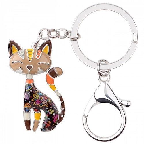 Emaille-Legierung, floral, elegantes Kätzchen, Katze, Schlüsselanhänger, Schlüsselanhänger, Tier, Haustiere, Schmuck, Geschenk für Frauen, Mädchen, Geldbörse, Handtasche, Anhänger, Zubehör