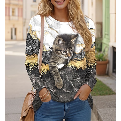 Frauen T-Shirt Crew Neck Langarm Tunika Lustiger Katzen Druck Regelmäßig Tops Rundhals Täglicher Wochenend Gelb Frühling Herbst Image