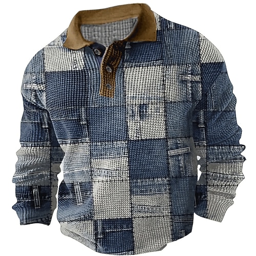 Herren Karomuster Waffel-Poloshirts Golfshirt Langarm Polo-Shirts Hemden mit Kragen Vintage Lässig Urlaubskleidung Formelle Kleidung Festivalkleidung Knöpfe 3D-Druck Herbst Winter Schwarz Blau Khaki Image