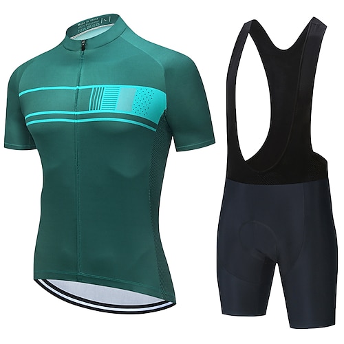 21Grams Herren Radtrikot mit Radhose kurz Trägern fahrradbekleidung set Kurzarm MTB Mountain Rennrad Schwarz Grün Dunkelgrün Streifen Fahhrad Sportkleidung 3D-Pad Atmungsaktiv Rasche Trocknung / Image