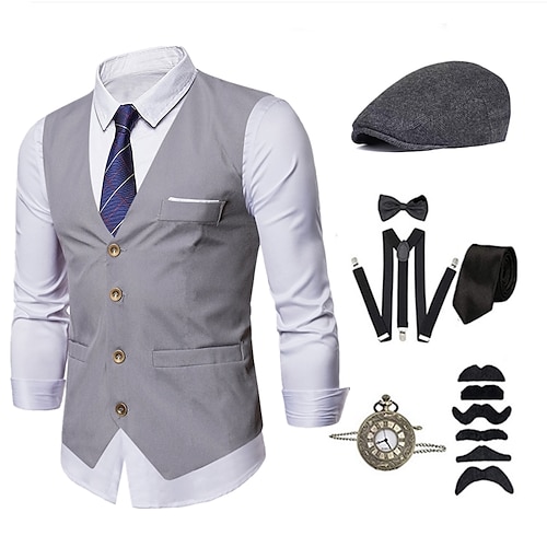 1920er Weste Hut Zubehör Detektiv Set The Great Gatsby Classic Roaring 20s Fliege Herrenkostüm Vintage Cosplay Cocktailparty Hochzeit Image