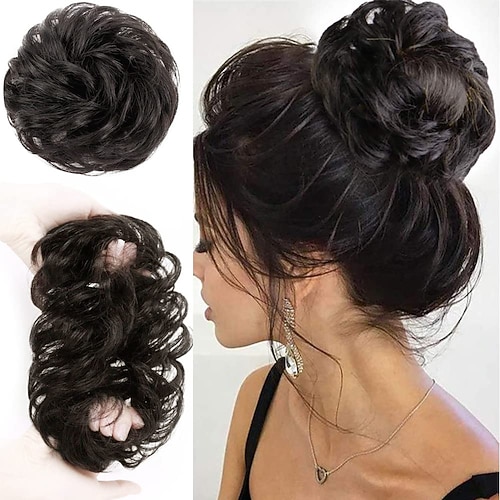 100 % Remy-Echthaar, chaotisch, Dutt-Verlängerung, chaotisch, Haarknoten, Haargummis, Verlängerung, lockig, wellig, unordentlich, 100 % Remy-Echthaar, Extensions, Chignon für Frauen, Hochsteckfrisur, Image