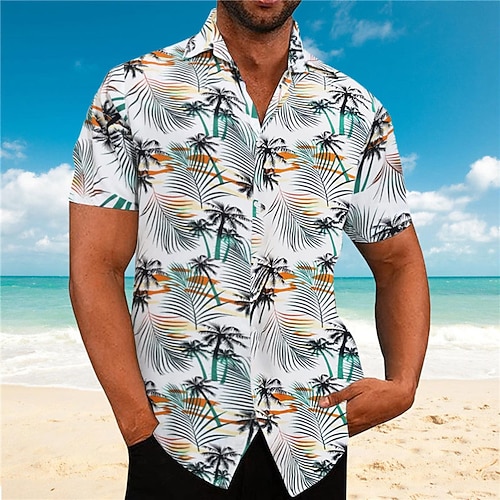 Herren Blumen Blätter Tropische Pflanzen Hemd Hawaiihemd Sommerhemd Aloha-Shirt Kurze Ärmel Hemd Umlegekragen Tropisch Modisch Hawaiianisch Strasse Casual Hawaiianisch Schwarz Weiß Gelb S M L Image