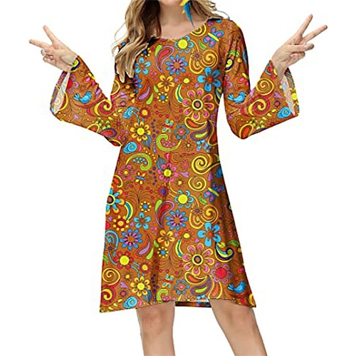 Hippie Retro Vintage 1970er Disko Kleid Damen Kostüm Jahrgang Cosplay Party Abend Langarm Kleid Maskerade Schlager Outfit Image