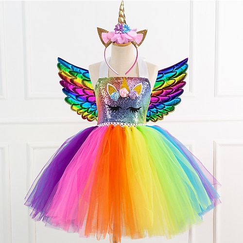 Buchwoche 2026 Schneekönigin Einhorn Kleid Flügel Stirnband Tanz enge Balletröckchen Urlaubskleid for Mädchen Kinder Kleinkind Weihnachten Karneval Neujahr Hochzeit Hochzeitsgast Image