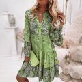 Damen-Etuikleid Boho-Kleid knielanges Kleid rosa Langarm Blumenrüschen gesmokter Druck Sommer Frühling Herbst V-Ausschnitt Boho lässig Flare Manschettenärmel 2023 4xl