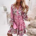 Damen-Etuikleid Boho-Kleid knielanges Kleid rosa Langarm Blumenrüschen gesmokter Druck Sommer Frühling Herbst V-Ausschnitt Boho lässig Flare Manschettenärmel 2023 4xl