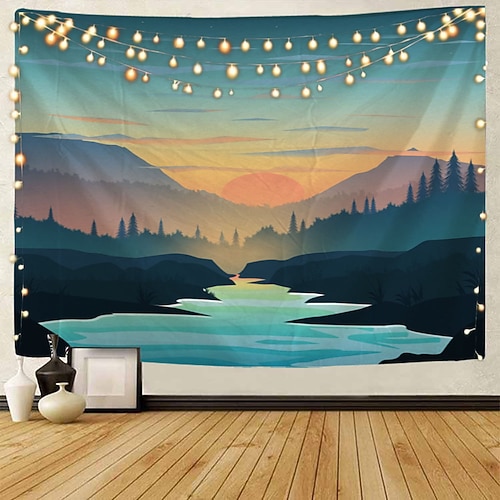 Berg Sonnenaufgang Wandteppich Kunstdekor Decke Vorhang Picknick Tischdecke hängend Zuhause Schlafzimmer Wohnzimmer Wohnheim Landschaft goldener Sonnenuntergang Wald Tinte Wandtuch XXL Natur Image