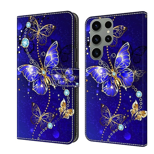 Handy Hülle Handyhüllen Für Samsung Galaxy S25 S23 S22 S21 FE S21 Ultra Plus A14 A53 A13 A23 A32 Brieftaschenhülle Mit Kartenhalter Magnetischer Flip Ständer Grafik Schmetterling Blume TPU PU-Leder Image