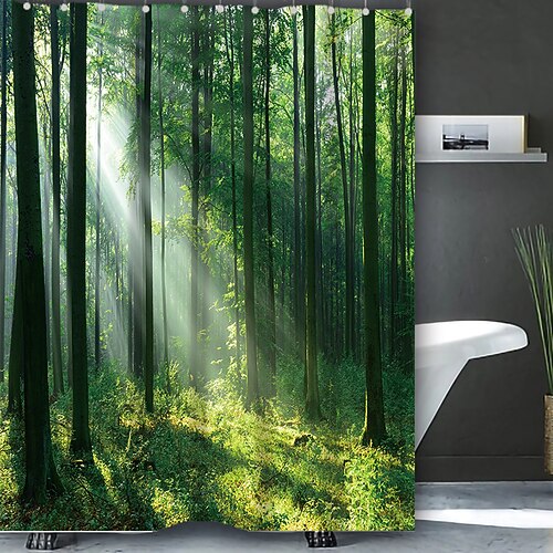 Duschvorhang mit 12 Haken 200 cm hoch duschvorhang waschbar Polyester wasserdicht Wald-Landschaftsmuster Image