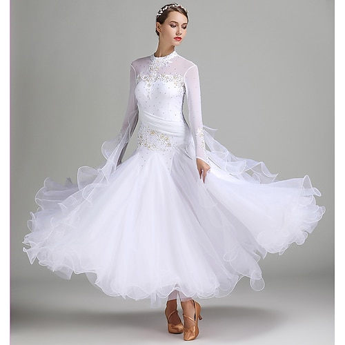 Gesellschaftstanz Kleid Stickerei Teilungsnaht Kristalle / Strasssteine Damen Training Leistung Langarm Spandex Netzstoff Organza Image