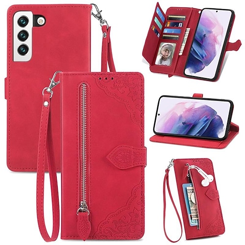Handy Hülle Handyhüllen Für Samsung Galaxy S25 S23 S22 S21 FE S21 Ultra Plus A34 A54 A33 A13 S20 Brieftaschenhülle Flip Reisverschluss Mit Handgelenkschlaufe Einfarbig PU-Leder Image