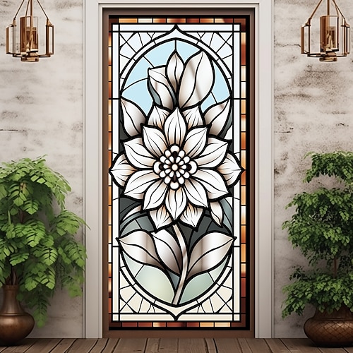 Buntglas-Blumen-Türabdeckungen, Wanddekoration, Türteppich, Türvorhang, Dekoration, Hintergrund, Türbanner, abnehmbar, für Haustür, Innen- und Außenbereich, Heimdekoration, Bauernhaus-Dekoration Image